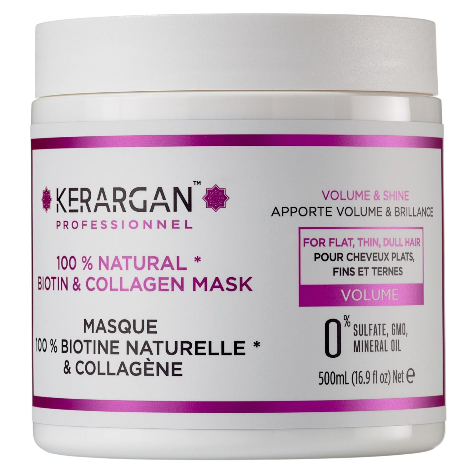 KERARGAN - Volumizing Hair Mask with Biotin Collagen - For Flat, Thin, Dull Hair - Enhanced Volume Shine - Sulfate-Free, GMO-Free, Mineral Oil-Free - 16.9 Fl oz