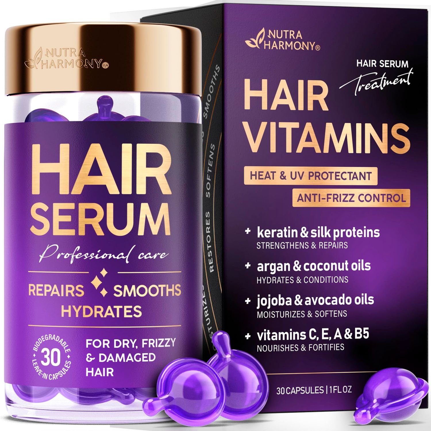 Hair Serum for Frizzy Damaged Hair - Keratin Treatment with Argan, Silk Protein, Jojoba, Coconut Avocado Oils - Hair Vitamins A, E, B5 - Anti-Frizz Moisturizing Oil Capsules - No Rinse, 30 Count