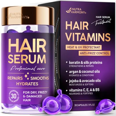 Hair Serum for Frizzy Damaged Hair - Keratin Treatment with Argan, Silk Protein, Jojoba, Coconut Avocado Oils - Hair Vitamins A, E, B5 - Anti-Frizz Moisturizing Oil Capsules - No Rinse, 30 Count