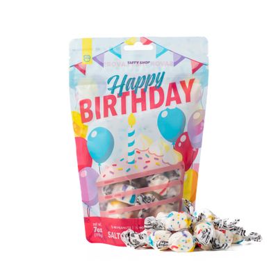 Taffy Shop Happy Birthday, Salt Water Taffy -Gourmet Soft Chewy Candy, Bulk Sweet Snack, Fresh Gift Gluten-Free, 35 Individually Wrapped Pieces (7oz)