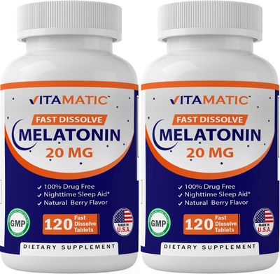 Vitamatic 2 Pack Melatonin 20 mg Fast Dissolve 120 Tablets - Natural Berry Flavor Vegetarian, Non-GMO, Gluten Free (Total 240 Tablets)