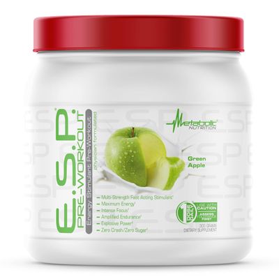 Metabolic Nutrition - ESP - Stimulating Pre Workout, Pre Intra Workout Supplement, Energy and Endurance Stimulating, Natural Safe, High Energy, Mental Focus, Green Apple, 300 Grams (90 Servings)