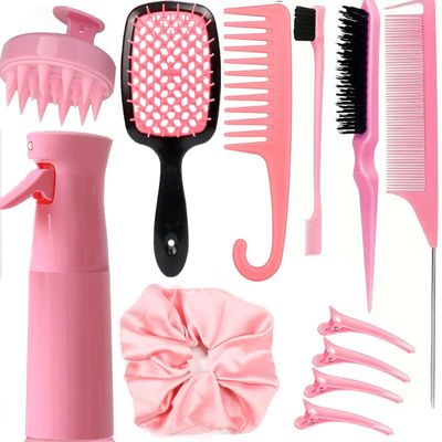 12 Pcs Hair Brush Set, 3 Pieces Slick Back Hair Brushes for Toddlers, Women, Detangling Brush for Wet Dry Curly Hair, Edge Bristles Wide Tooth Rat Tail Combs for Baby Girls (pink)