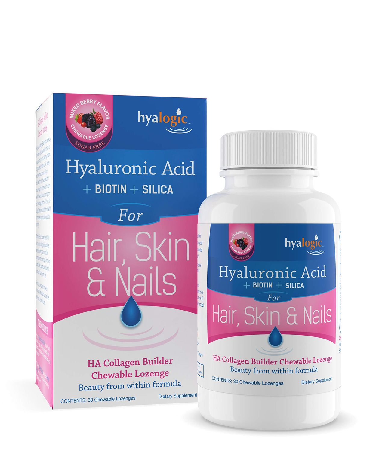 Hyalogic Hair Skin Nails Hyaluronic Acid Collagen Builder - Delicious Berry Flavored Collagen Boost Chewable Lozenges - Sugar Free Vegan Collagen Ideal to Enhance Your Natural Beauty - 30 Count