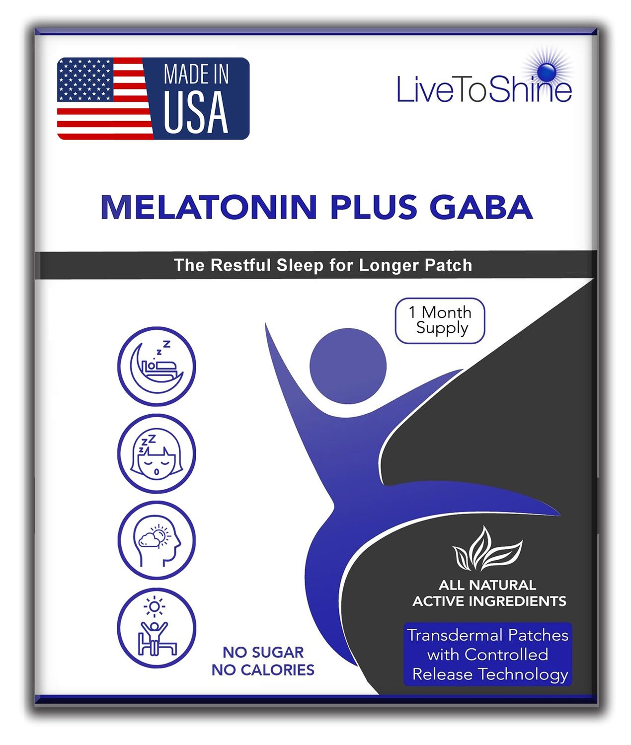 Live To Shine Melatonin Patches for Sleep - Plus GABA to Calm Busy Brains Fast - Perfect Combo for Men and Women - Slow Release - 30 Patches - USA Made