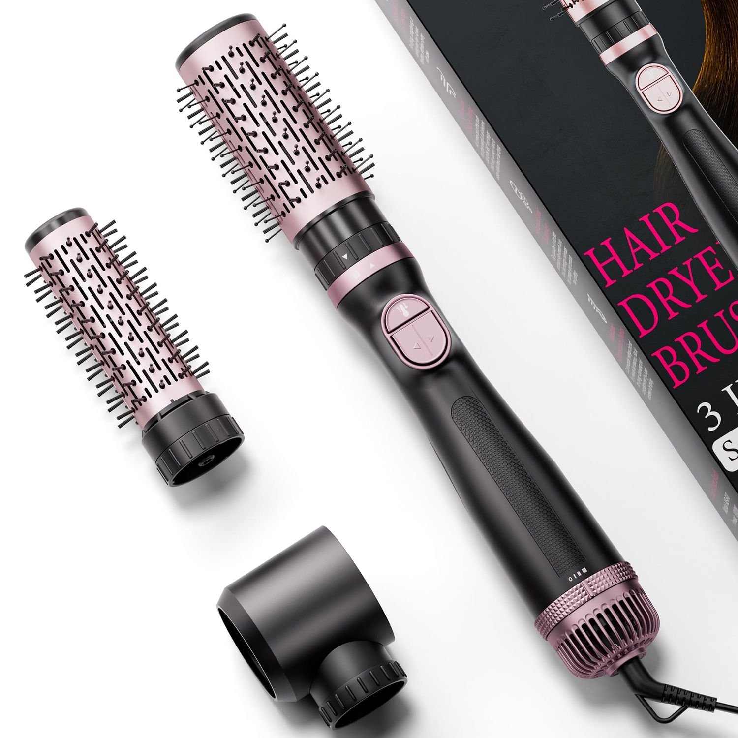 Tresses Touch 3-in-1 Rotating Hair Dryer Brush Blow Dryer with Interchangeable Heads, Hair Styling Tools for StraighteningDryingCurling, Spinning Thermal Brush Blowout Set for Long Hair, Rose Gold