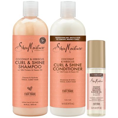 Shea Moisture Shampoo Conditioner Set Smooth Shine Oil Gift Set -Coconut Hibiscus Curl Shine, Anti-Frizz Products for Curly Hair (3 Piece Set)