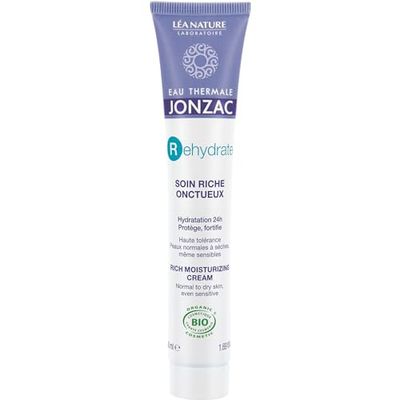 Eau Thermale Jonzac Rehydrate Organic Rich Moisturizing Facial Cream - Intense 24hr Hydration with Shea Butter Pure Hyaluronic Acid - Sensitive Skin Approved - 1.69 Fl Oz