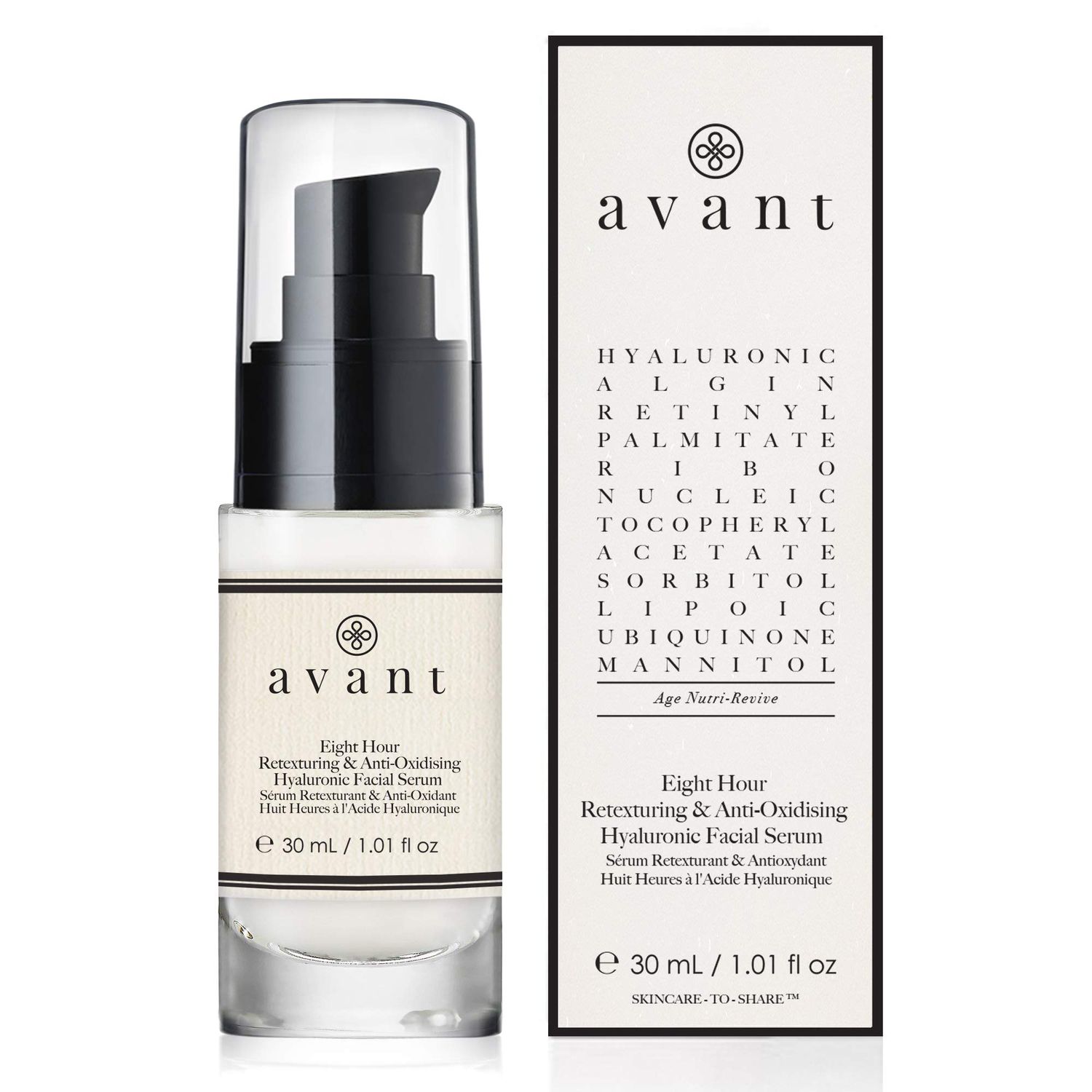 Avant Hyaluronic Acid Face Serum Works Against Ageing, Dark Spots Hydrates Eight-hour Anti-Oxidising Retexturing Hyaluronic Facial Serum 1x30ml