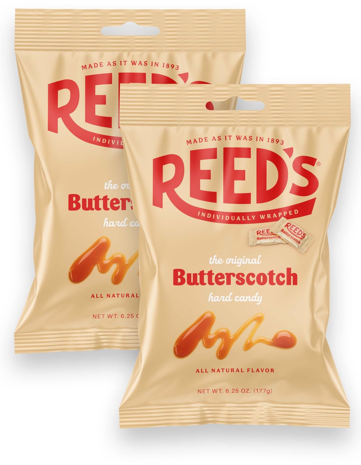 Reeds Butterscotch Candy, 6.25oz Bag (Pack of 2) Individually Wrapped Butterscotch Hard Candy, The Hampton Candy Company