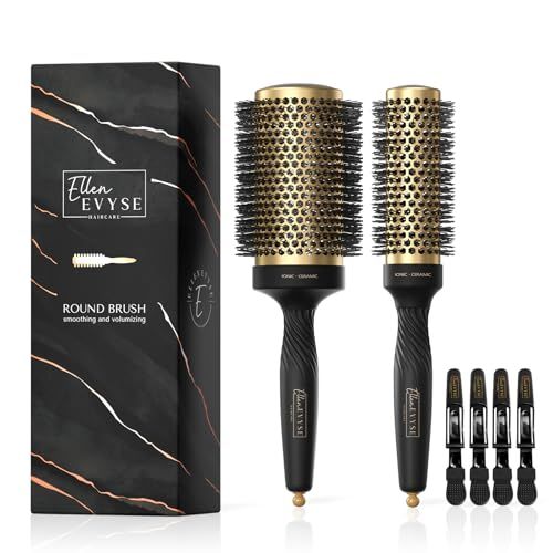 Ellen Evyse 2 in 1 Ceramic Round Brush for Blow Drying,Ceramic Barrel for Hair Styling, Anti-static Bristles, Enhance Texture Volume, for Women Men,with 4 Hair Clips (2.1 Inch1.3 Inch)