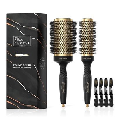Ellen Evyse 2 in 1 Ceramic Round Brush for Blow Drying,Ceramic Barrel for Hair Styling, Anti-static Bristles, Enhance Texture Volume, for Women Men,with 4 Hair Clips (2.1 Inch1.3 Inch)