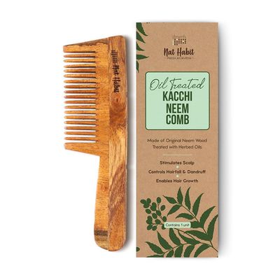 Nat Habit - Back To Natural Secrets Everyday Kacchi Neem Comb, Wooden Comb, Hair Growth, Comb For Men, Women, Treated With Neem Oil, Bhringraj 17 Herbs (Fine Tooth) 18-20Cm Length Brown