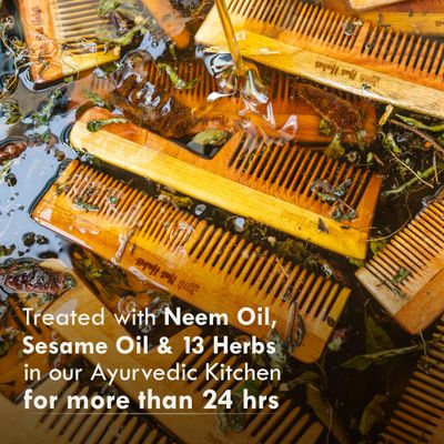 Nat Habit - Back To Natural Secrets Everyday Kacchi Neem Comb, Wooden Comb, Hair Growth, Comb For Men, Women, Treated With Neem Oil, Bhringraj 17 Herbs (Fine Tooth) 18-20Cm Length Brown