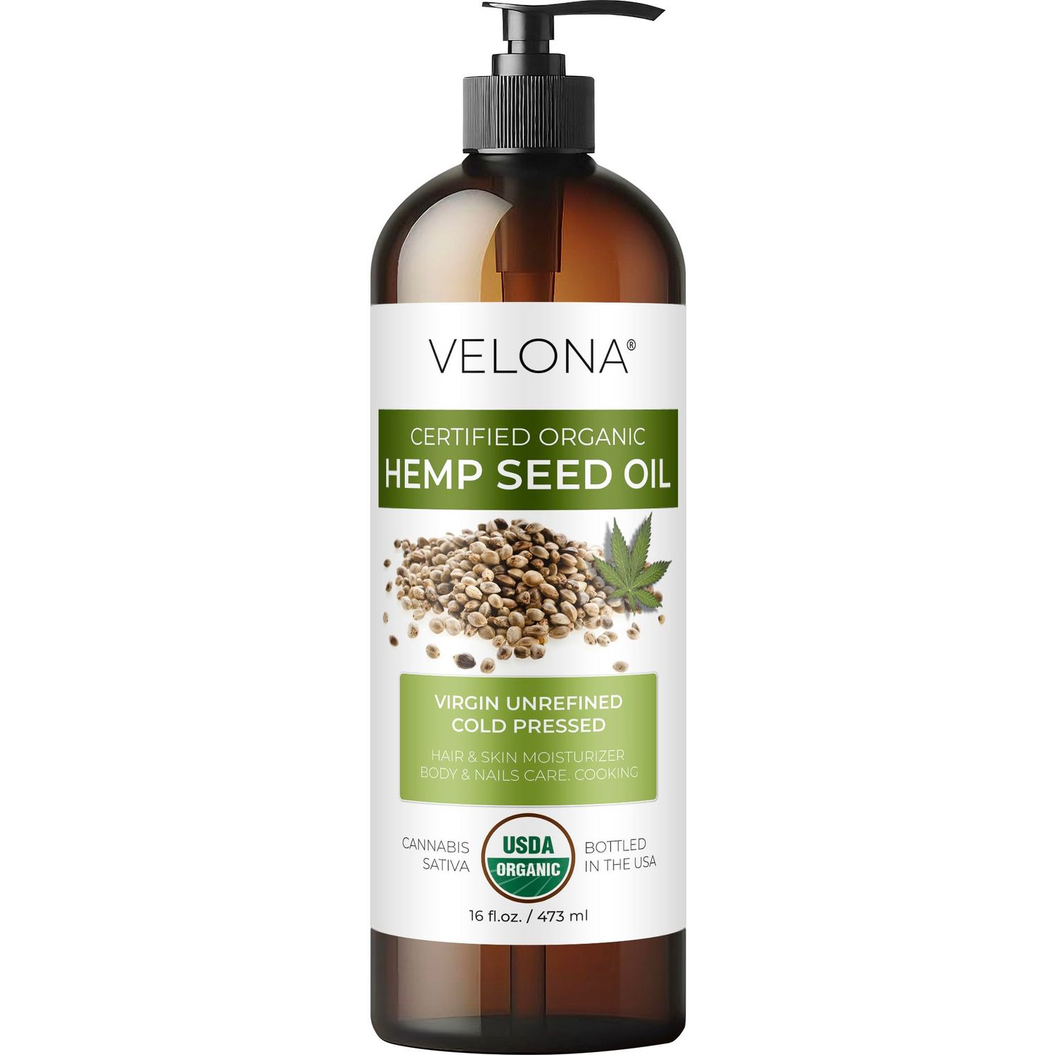 velona Hemp Seed Oil USDA Certified Organic - 16 Fl Oz 100 Pure and Natural Carrier Oil Unrefined, Cold Pressed Hair, Body, Face Skin Care