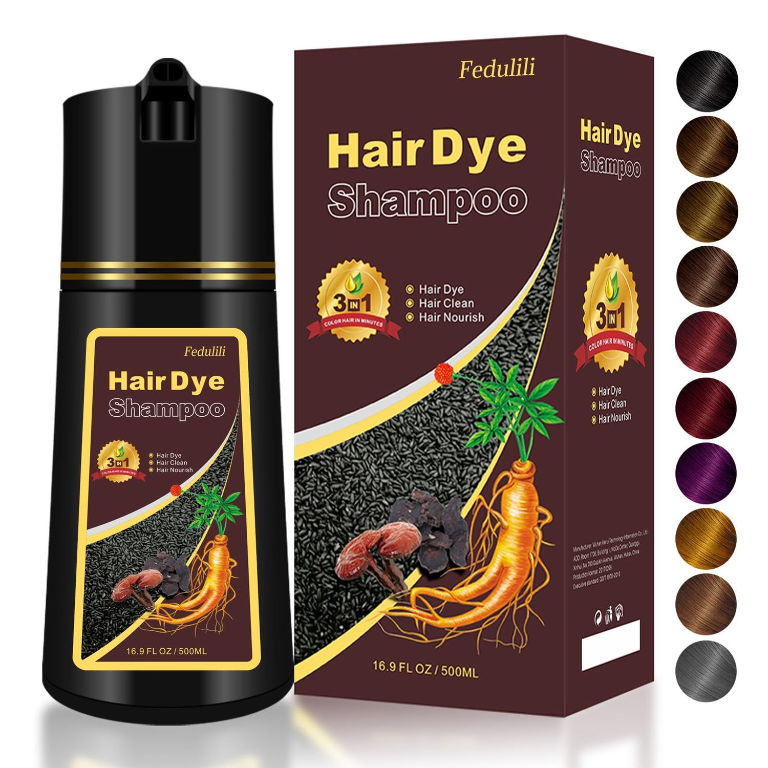 Black Hair Dye Shampoo 3 In 1, Hair Color Treated Shampoo Para Canas, 100 Gray Hair Coverage for Women Men Parent, Lasts 30 Days, Easy To Use, 500ml