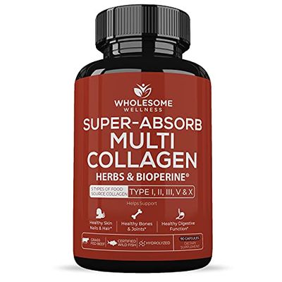 Wholesome Wellness Super-Absorb Multi Collagen Pills (Type I II III V X) Organic Herbs Bioperine - Hair, Skin, Nails, Joints - Hydrolyzed Peptides Protein Supplement for Women Men (90 Capsules)