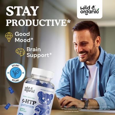 Wild Organic 5-HTP 200mg Mood Gummies - L-Tryptophan for Relaxation and Natural Calm - 5 HTP Supplement for Brain Support - 60 Vegan, Non-GMO 5HTP Gummies