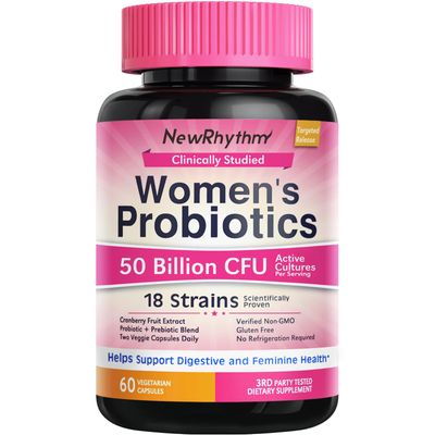 NewRhythm Women&#39;s Probiotics, Organic Cranberry for Women&#39;s Vaginal Health, 50 Billion CFU 18 Strains, Probiotics and Prebiotics, Support Digestive Health, 60 Vegan Capsules