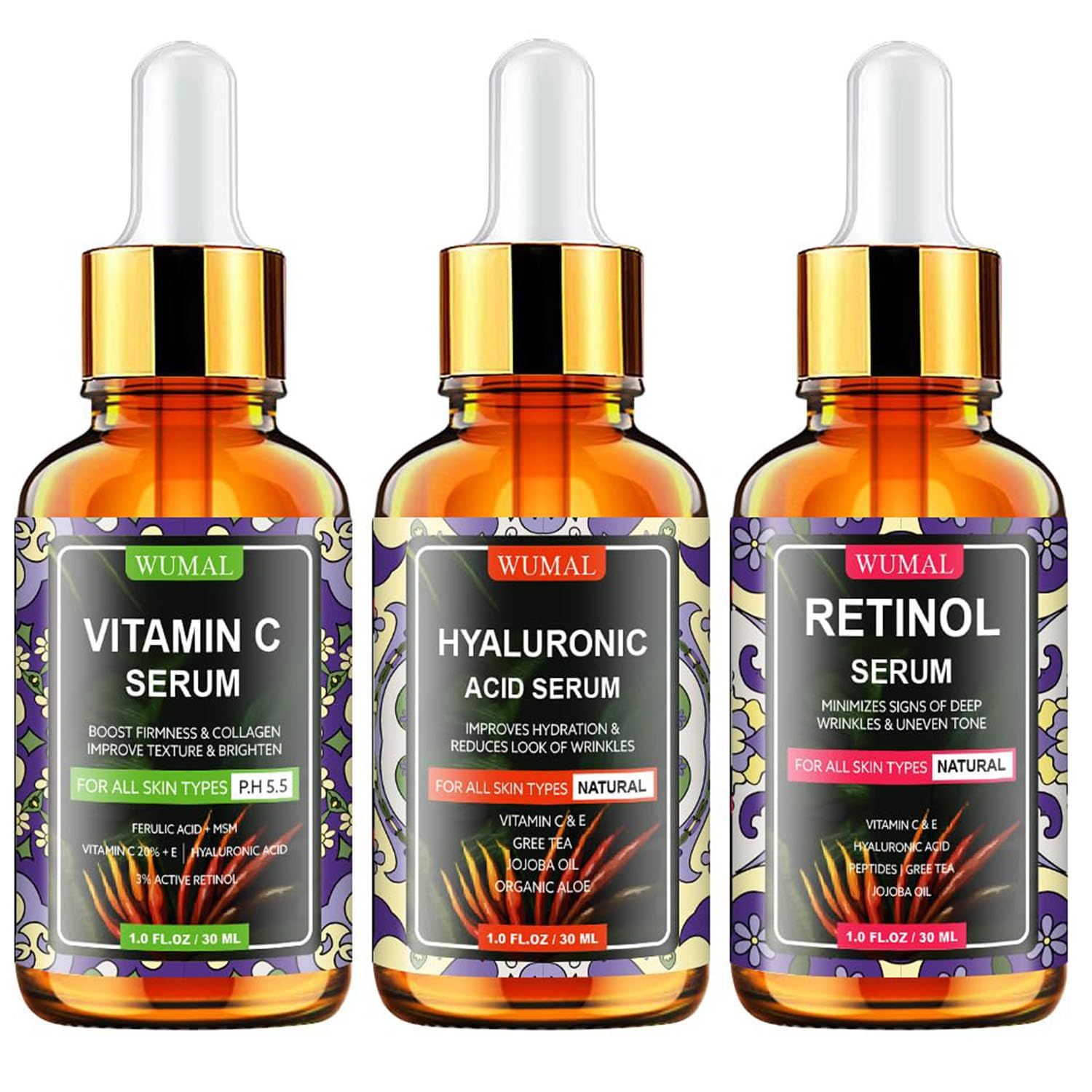 Wumal 3 Pack Face Serum Set - Includes Vitamin C, Retinol Hyaluronic Acid - Firming, Brightening Hydrating - Reset Your Skin Day and Night