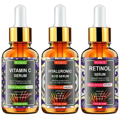 Wumal 3 Pack Face Serum Set - Includes Vitamin C, Retinol Hyaluronic Acid - Firming, Brightening Hydrating - Reset Your Skin Day and Night