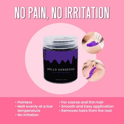 Miss Cire Purple Hard Wax Beads - Painless Hair Removal Peel-Off Wax - No Strips Needed - Low melting Point - Gel Like Consistency - For Face and Body - Hello Gorgeous - For Sensitive Skin - 8oz