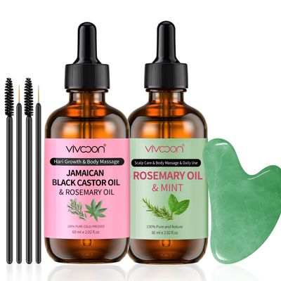 Organic Rosemary Mint Jamaican Black Castor Oil 2 Packs with Gua Sha Tool, for Hair Growth Body Massage Kit, 100 Pure, Natural, Cold Pressed Hair Oils, Womens Gift