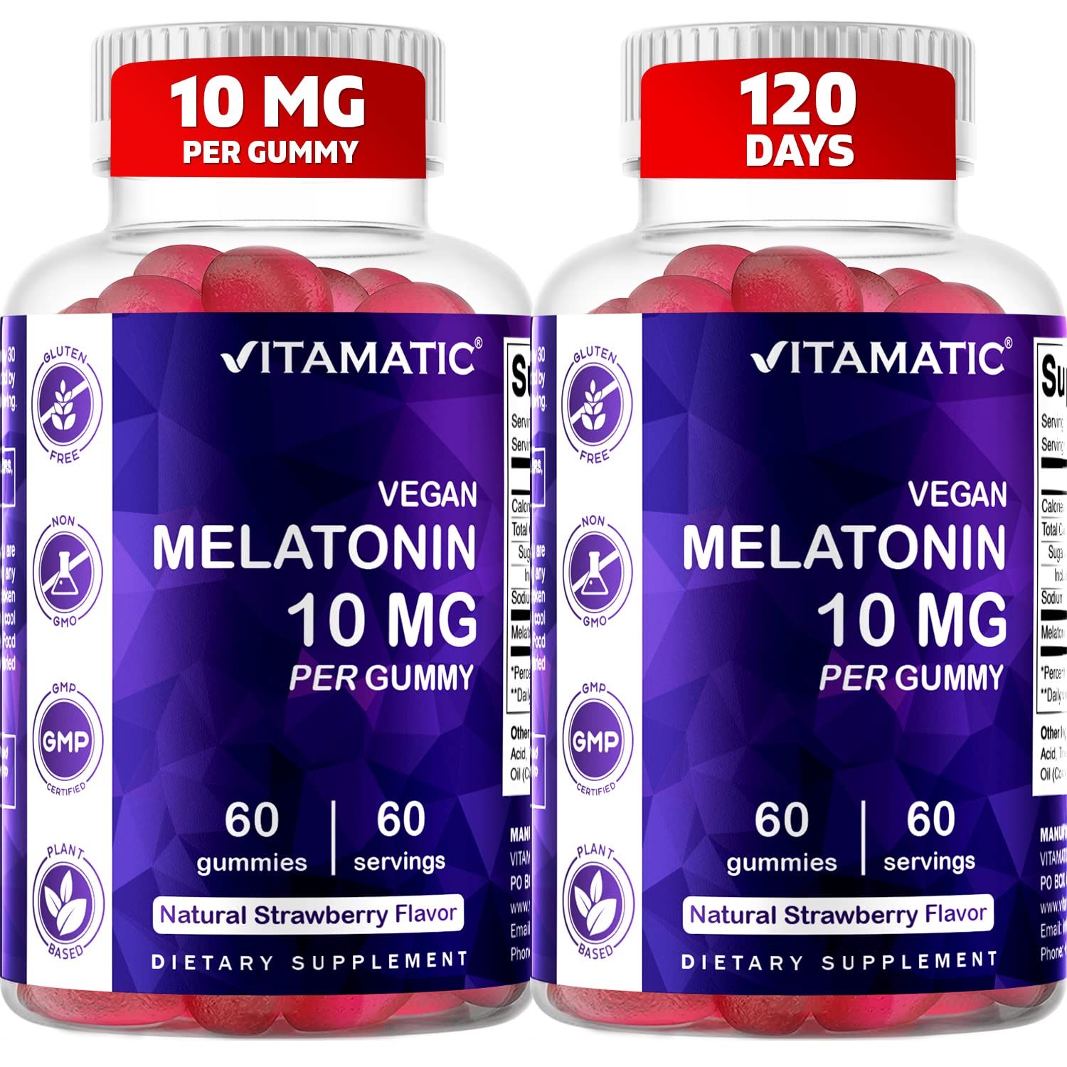 Vitamatic Melatonin 10 mg Vegetarian Gummies - Non-Habit Forming - 60 Gummies per Bottle - 2-Pack (Total 120 Vegan Gummies)