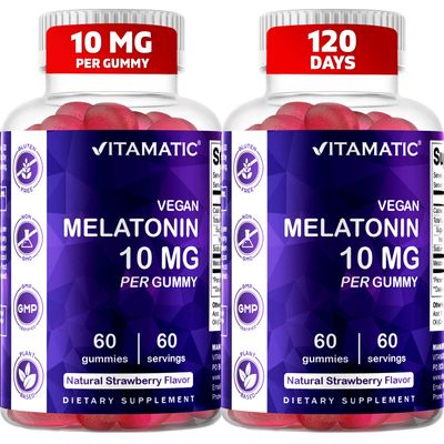 Vitamatic Melatonin 10 mg Vegetarian Gummies - Non-Habit Forming - 60 Gummies per Bottle - 2-Pack (Total 120 Vegan Gummies)