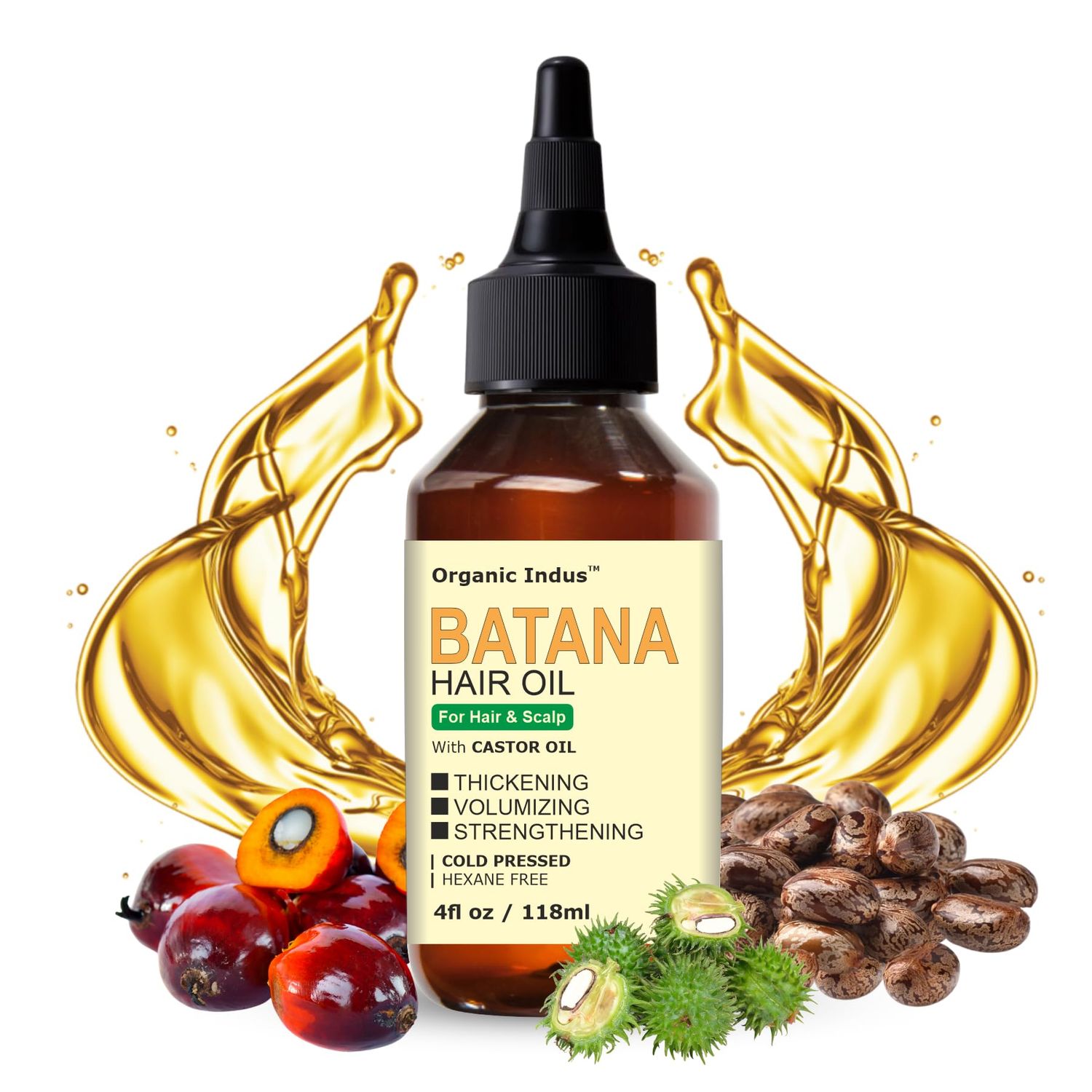Organic Indus Batana Hair Oil for Hair Growth, Nourishment, and Shine Infuse with Castor Oil, 4 Ounce