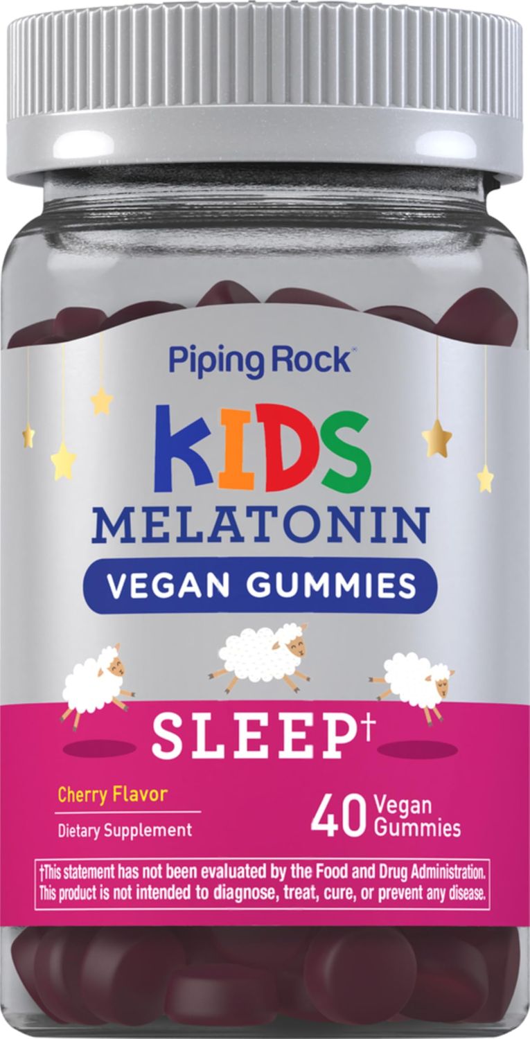 Piping Rock Kids Melatonin Gummy 1mg 40 Gummies Cherry Flavor Vegan, Non-GMO, Gluten Free Supplement
