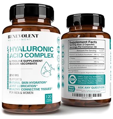 Hyaluronic Acid Supplements 250mg with 200mg Vitamin C, 1000mg L-Proline Anti-Aging Benefits, Hyaluronic Acid Capsules for Youthful Skin, Joints Connective Tissue Health - 120 Capsules