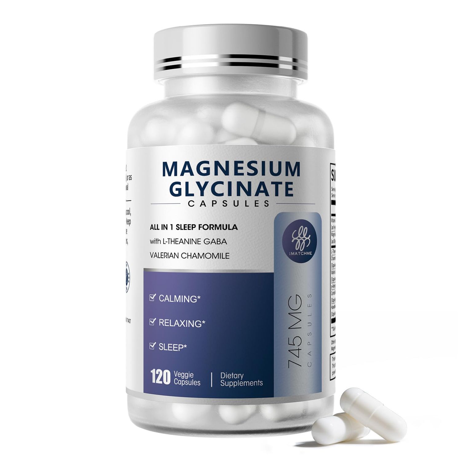 iMATCHME Magnesium Glycinate Supplement with L-Theanine, Chamomile GABA - Supports Sleep, Calmness, Muscle Relaxation for Men Women - Vegan, High-Absorption, 120 Capsules