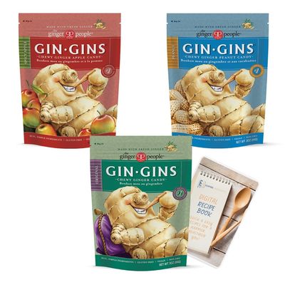 Gin Gins Ginger Chews Variety Pack of 3 Bundle - 1 of each flavor (Original, Spicy Apple, Peanut) Organic, Vegan, Gluten Free Ginger Chew Hard Candy for Nausea