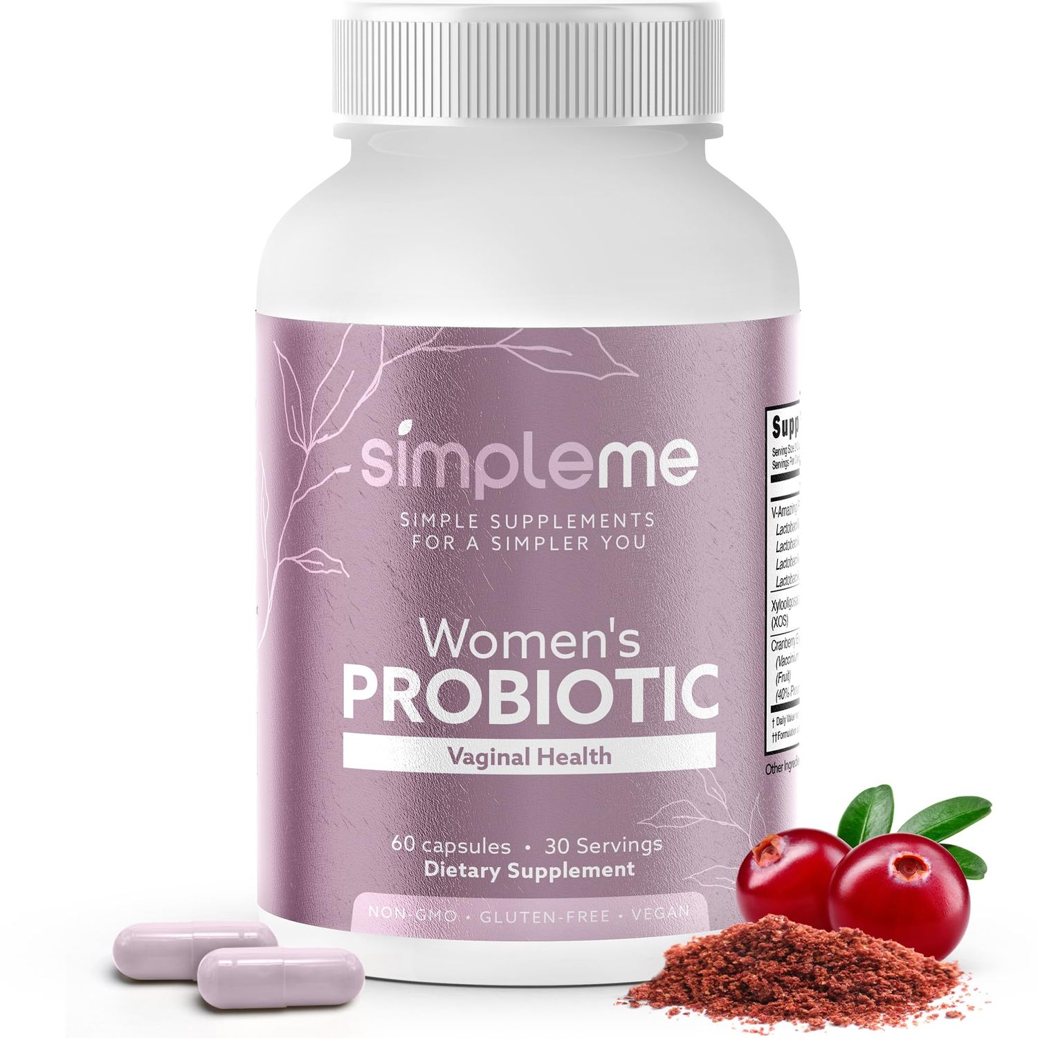 Simpleme Womens Probiotics with Prebiotics, Cranberry - Vaginal Probiotics for Women - For pH Balance, UTI, Vaginal Health, Gut Flora - Women&#39;s Probiotics Supplement Complex for Wellness - 60 Capsules