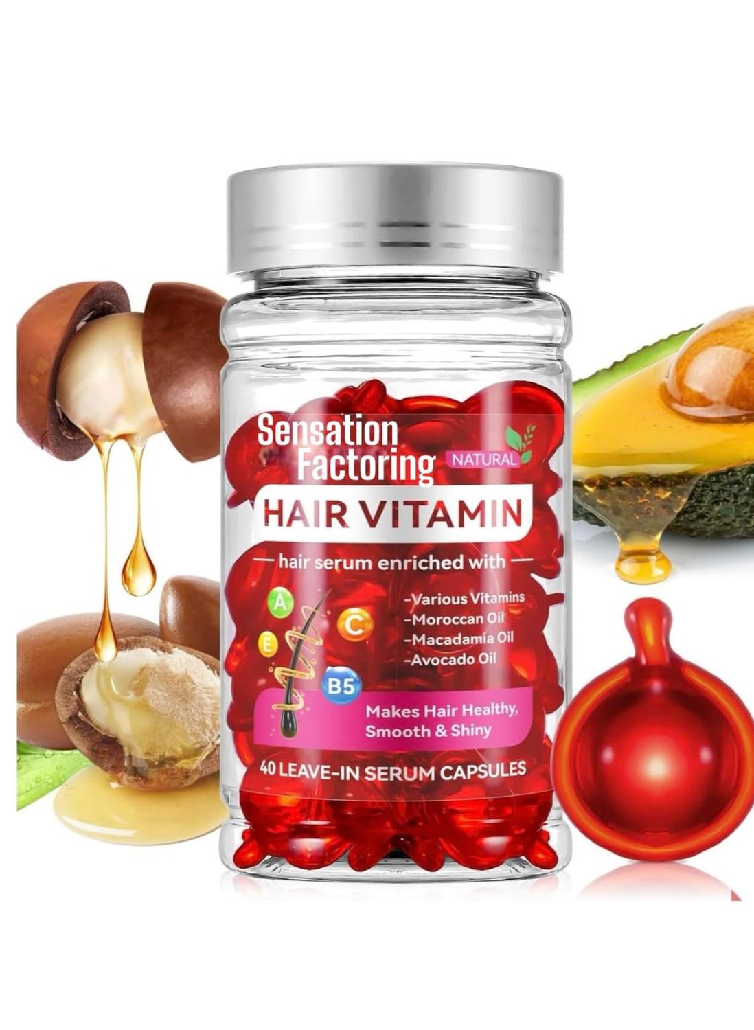 Hair Vitamin Serum Capsules - Leave-In No-Rinse Natural Hair Treatment Serum with Argan, Macadamia, Avocado Oils Vitamins A, C, E, B5 - Smooth, Strengthen Hydrate - All Hair Types - 40 Caps, Red