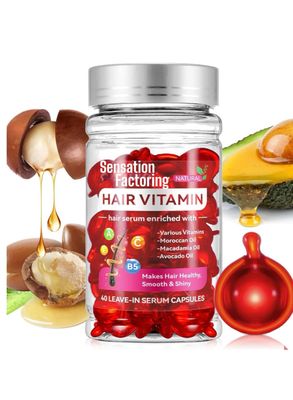 Hair Vitamin Serum Capsules - Leave-In No-Rinse Natural Hair Treatment Serum with Argan, Macadamia, Avocado Oils Vitamins A, C, E, B5 - Smooth, Strengthen Hydrate - All Hair Types - 40 Caps, Red