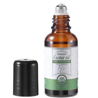 Pexihoap Castor Oil Roll on for Face Eye Hair Scalp Eyebrow, Under Eye Roller, Certified Organic Cold Pressed Body Castor Oil Roller Stick Glass Bottle