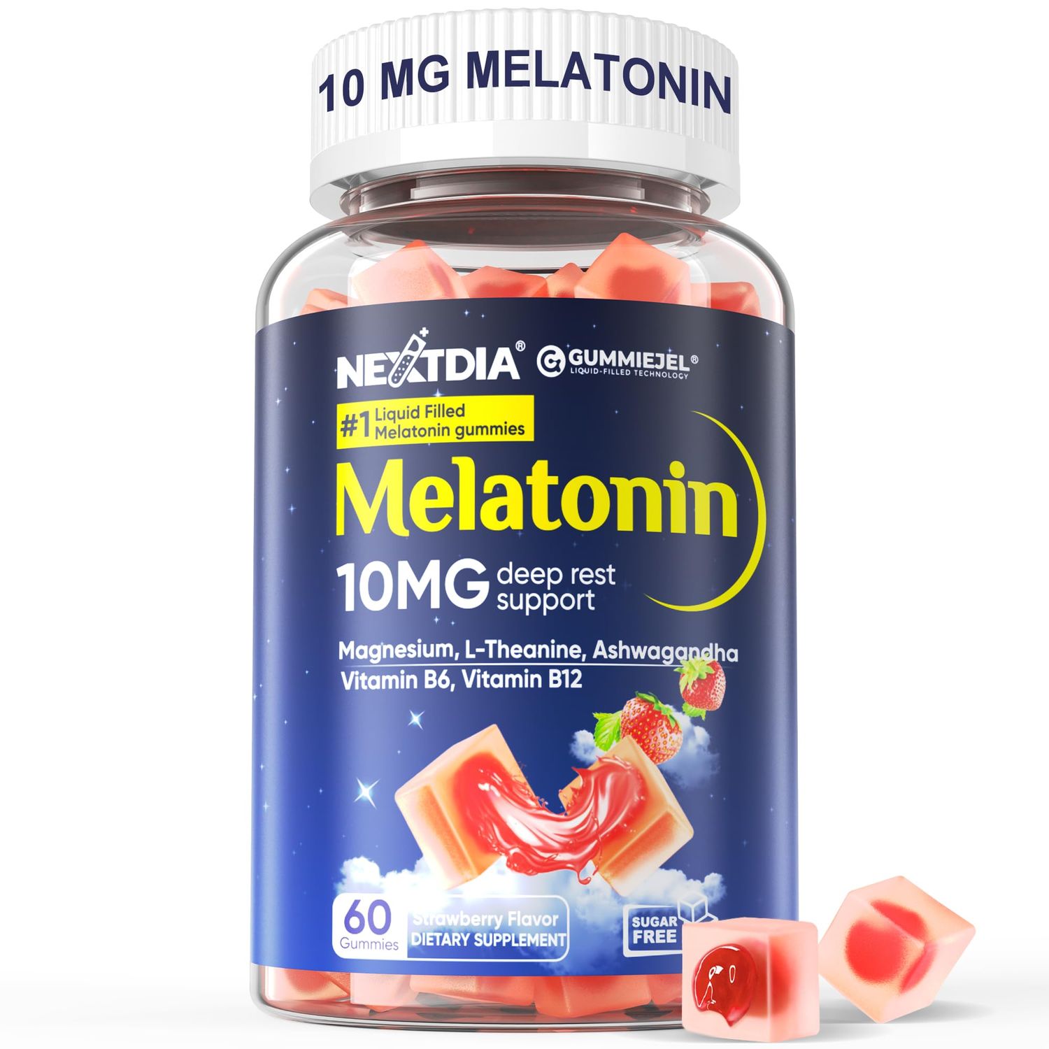 Sugar Free Melatonin Gummies 10mg 20mgGummy Magnesium Glycinate Melatonin for Adults, Ashwagandha, L-Theanine, B6, Methyl B12, Lemon Balm and Chamomile for Deep Relaxation, Antioxidant, Vegan 60 Day