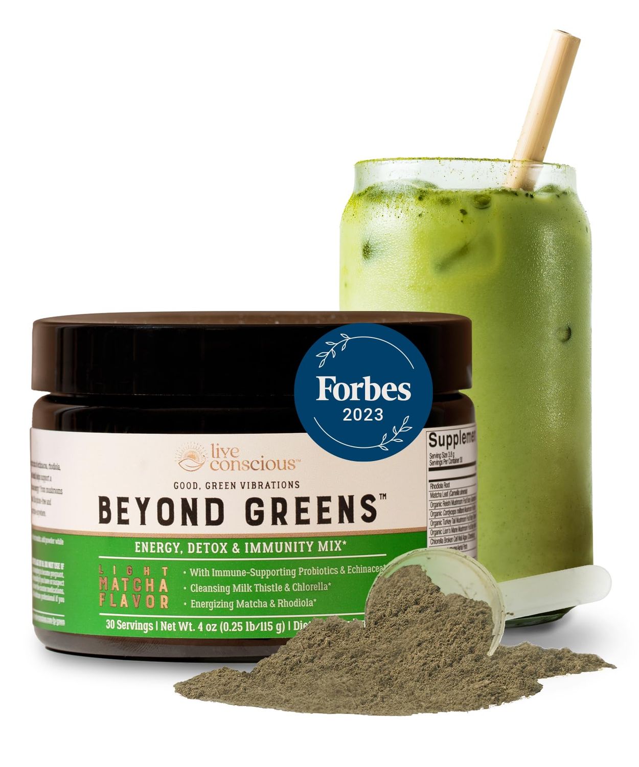 Live Conscious Beyond Greens Superfood Powder - Delicious Debloating Super Greens Powder - Matcha Greens Blend wChlorella, Echinacea, Probiotics for Immune Support Energy
