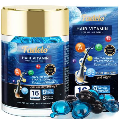 Fadelo Intensive Hair Treatment Serum with Moroccan Oil and Vitamins A, C, E, and B5 for Hair Repair and Growth - No Rinse Serum for Women Men - 16 Capsules (8 Day8 Night)