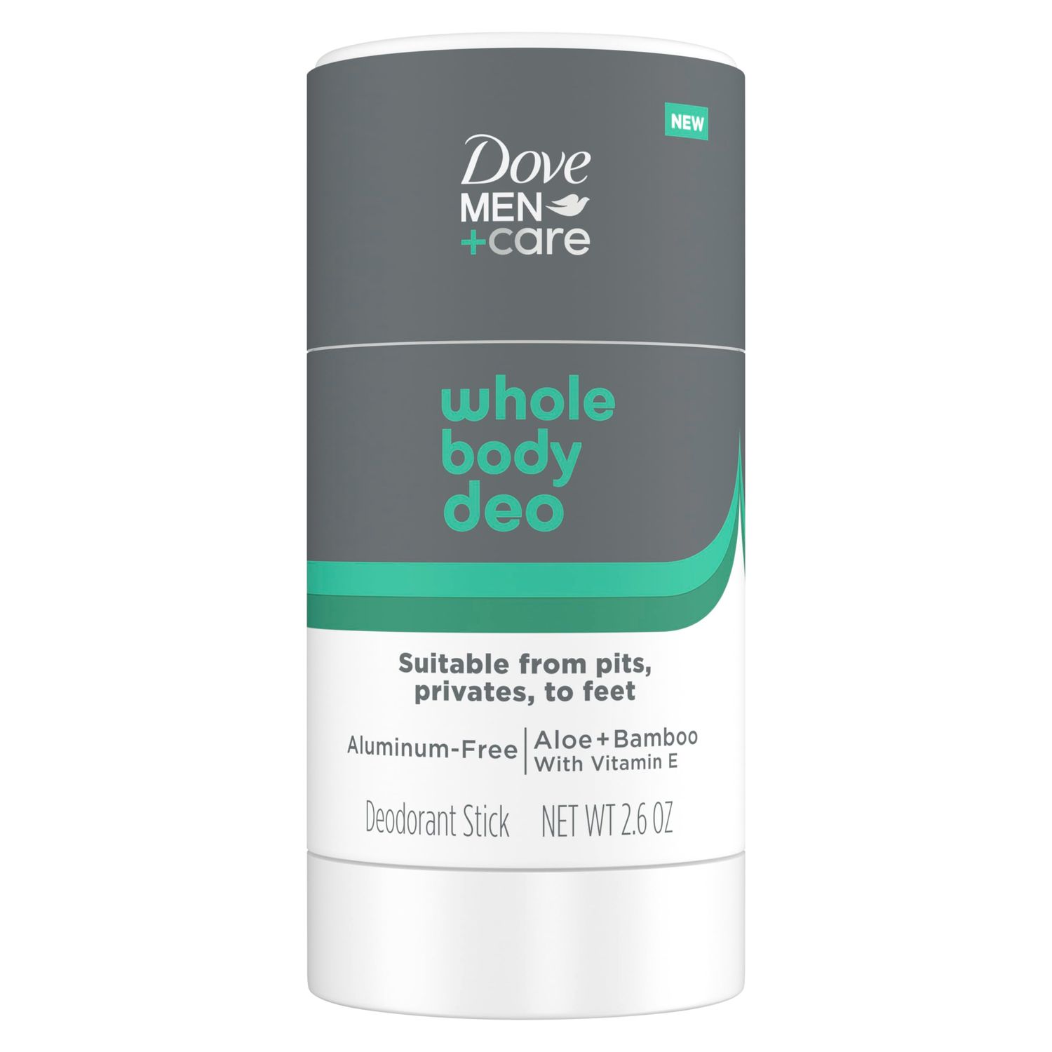 Dove MenCare Whole Body Deo Aluminum-Free Deodorant Stick Aloe Bamboo Helps Avoid Chafing Suitable from Pits, Privates, to Feet 2.6 oz