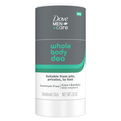 Dove MenCare Whole Body Deo Aluminum-Free Deodorant Stick Aloe Bamboo Helps Avoid Chafing Suitable from Pits, Privates, to Feet 2.6 oz
