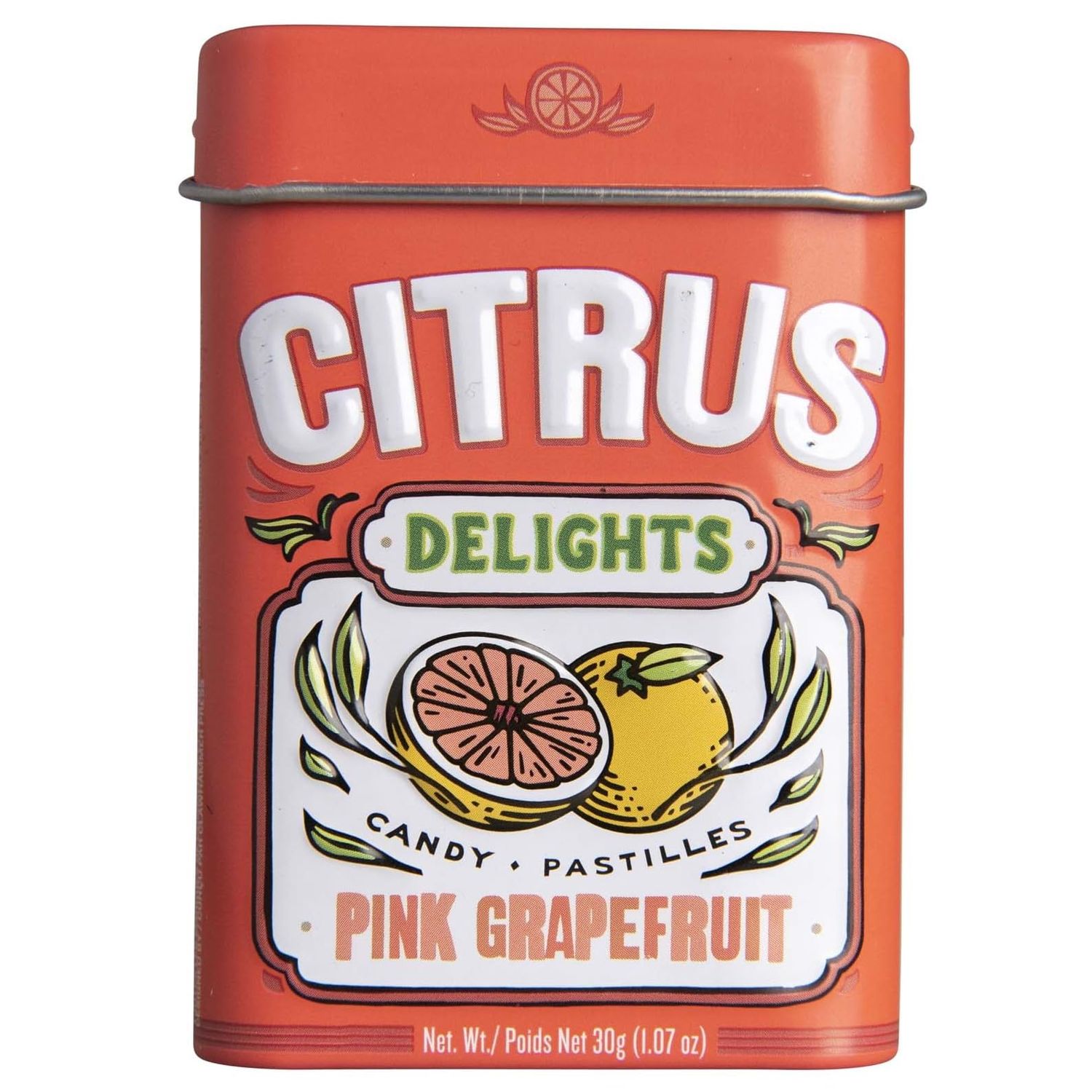 Citrus Delights Pink Grapefruit Candy Natural Ingredients, No Artificial Colors or Flavors Kosher Certified, Vegan, Gluten Free Aspartame Xylitol Free 30 Count Tin (Pack of 12)