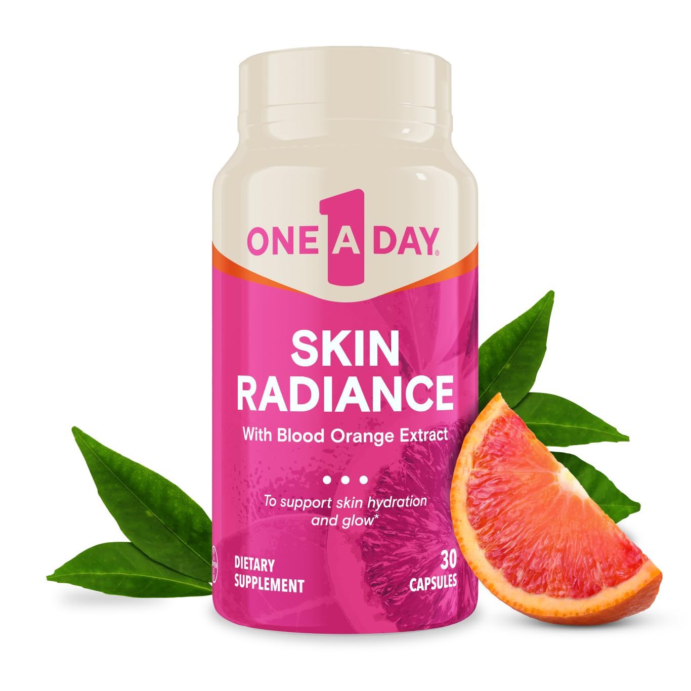 One A Day Skin Radiance, Skin Supplement to Support Hydration Glow with Blood Orange Extract Collagen Health with Vitamin C Vitamin E, 30 Capsules
