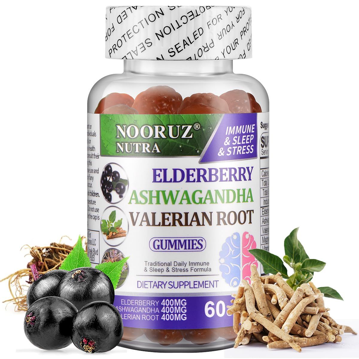 NOORUZ Ashwagandha Elderberry Valerian Root Gummies - Triple-Action Vegan Supplement for Healthy Cortisol Levels,Sleep Support - Non-GMO, Plant-Based, Gluten-Free, Gelatin-Free Vitamins