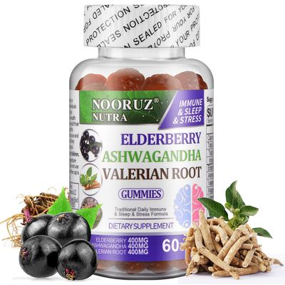 NOORUZ Ashwagandha Elderberry Valerian Root Gummies - Triple-Action Vegan Supplement for Healthy Cortisol Levels,Sleep Support - Non-GMO, Plant-Based, Gluten-Free, Gelatin-Free Vitamins