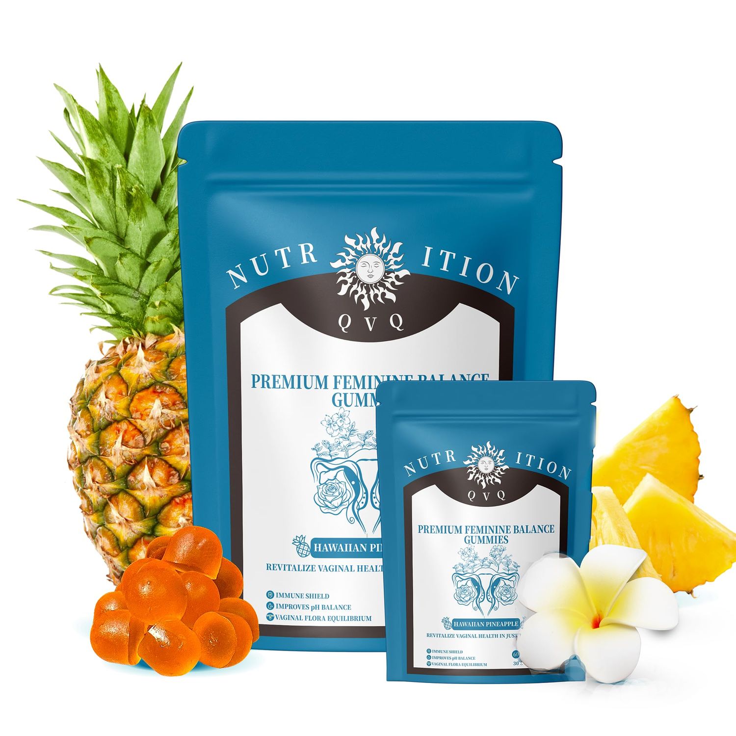 QVQ Vitamin Organic Natural Sourcing Premium Feminine PH Balance Gummies for Women&#39;s Health, Immune Support, Hawaiian Pineapple Flavor Gluten-Free, Vegan -60 Count Prebiotics (120) Prebiotics