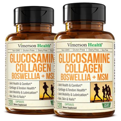 Glucosamine Chondroitin MSM with Collagen Powder. Joint Support Supplement. Bromelain, Quercetin, L-Methionine Boswellia Extract capsules. Joint Supplement Hair Skin and Nails Vitamins. 2 Pack