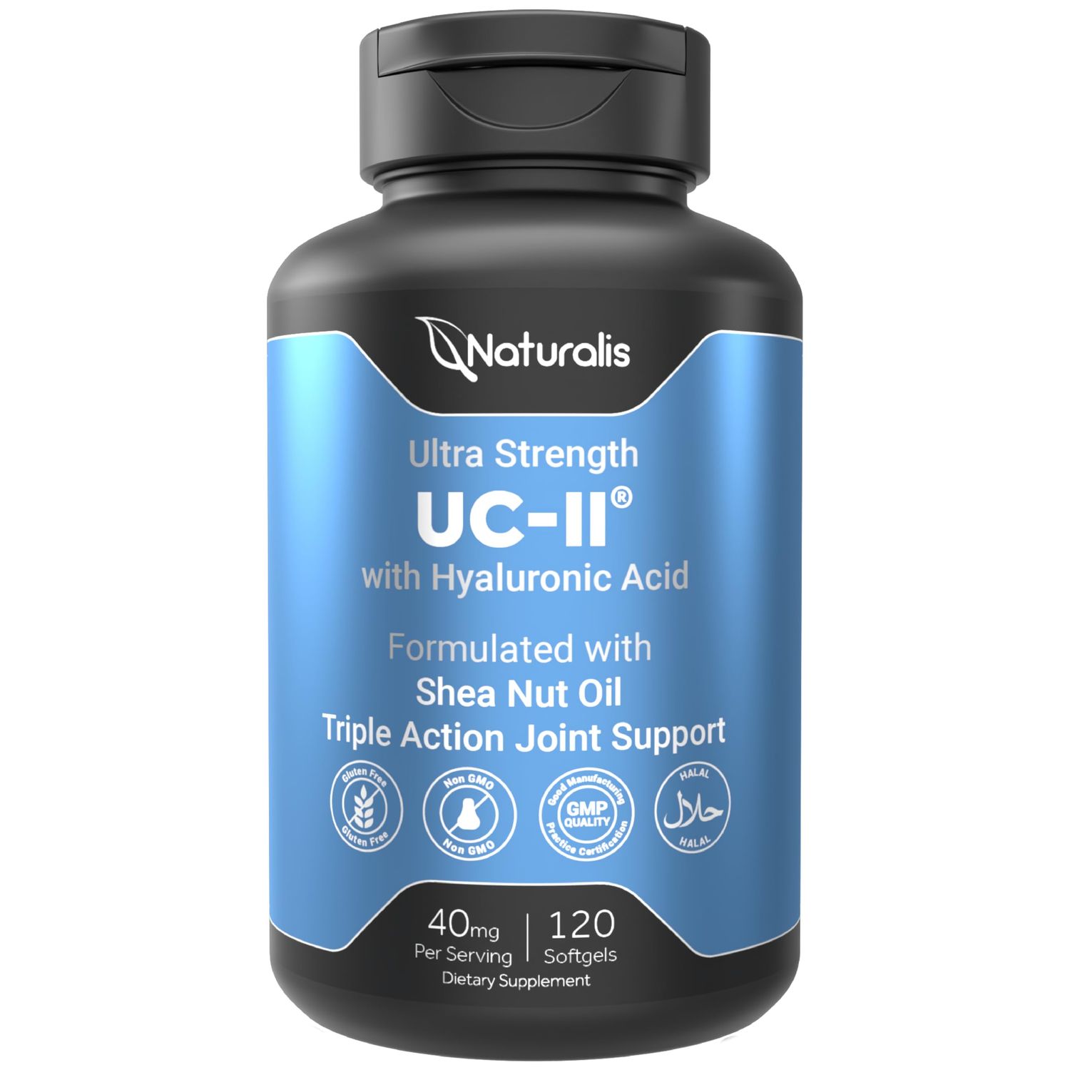 Naturalis UC-II 40 mg with Hyaluronic Acid and Shea Nut Oil Enhanced Undenatured Type II Collagen for Better Joint Health, Mobility Flexibility Gluten-Free Non-GMO 120 Softgels